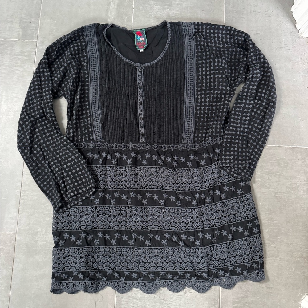 Johnny Was Black and Gray Patterned Long Sleeve Top